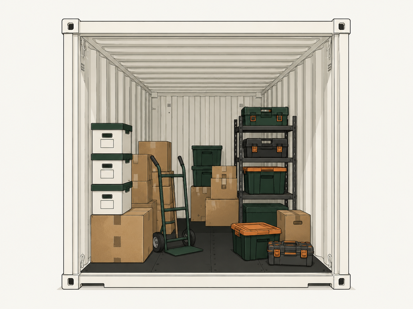 Illustration of business stock, tools and equipment stored inside a storage container