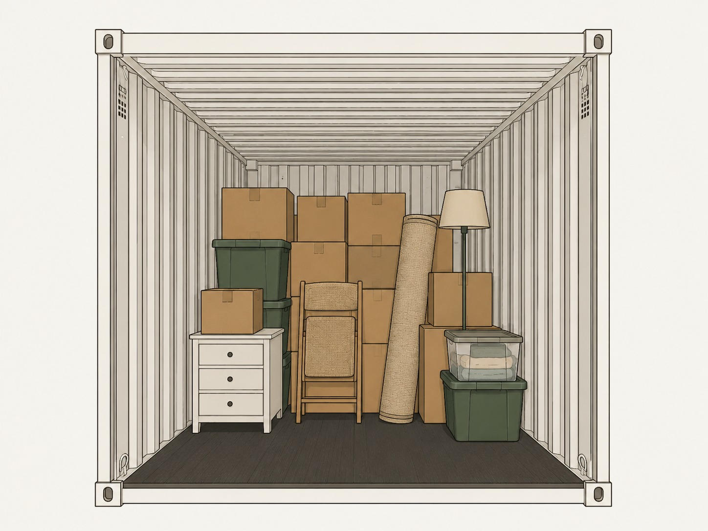 Illustration of household belongings stored inside a storage container