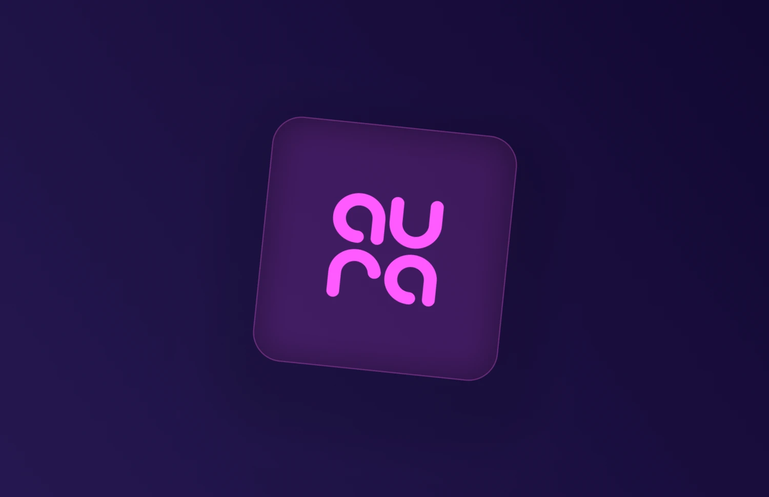 Tilted Aura logo cube glowing pink on a dark purple gradient background