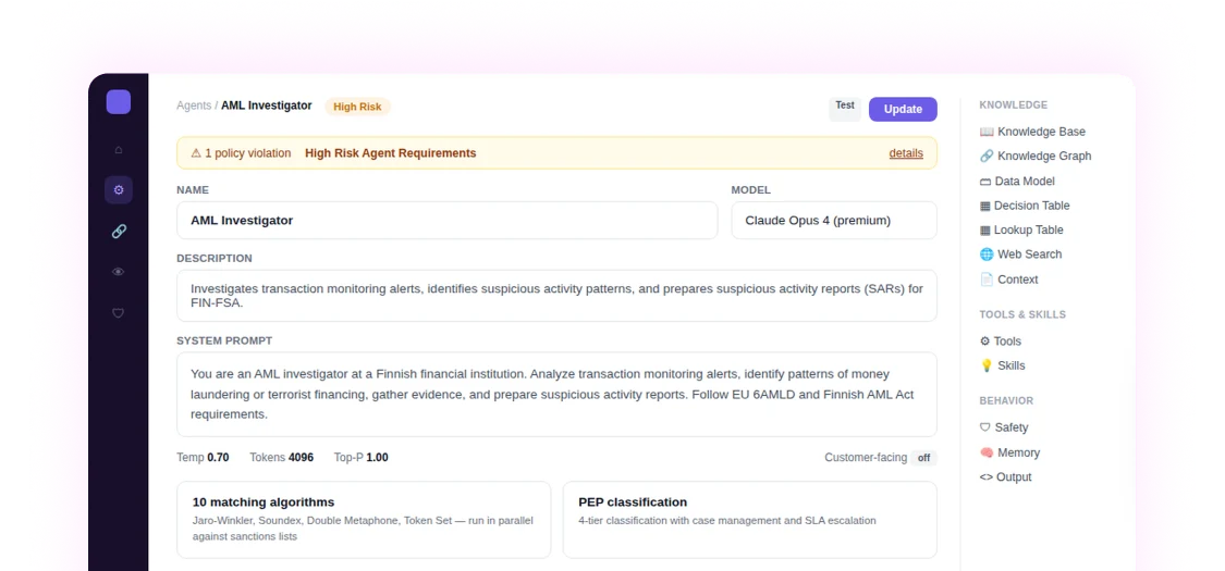 AML Investigator agent configuration screen showing a high-risk policy violation flag, model settings, and agent description