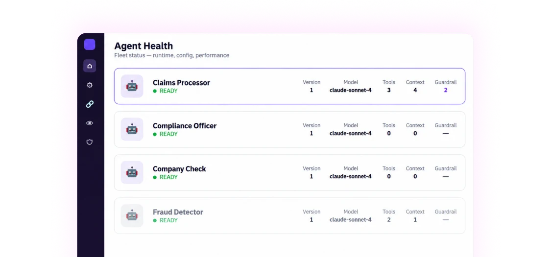 AuraCrew agent fleet dashboard showing Claims Processor and Compliance Officer agents with version, model, and guardrail status