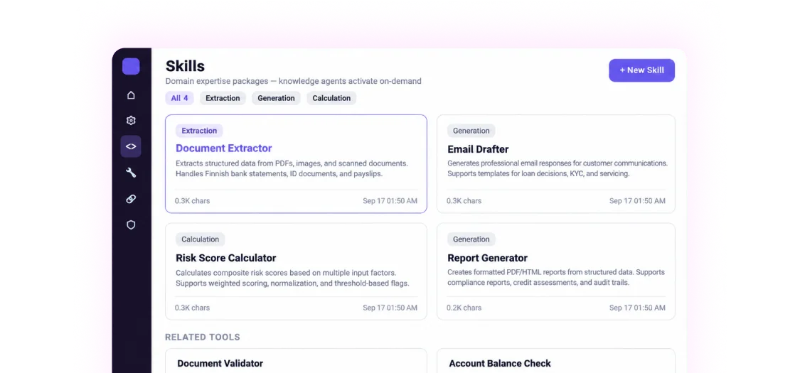 AuraCrew skills library showing the Document Extractor and Email Drafter skills, including support for Finnish bank statements, ID documents, and payslips
