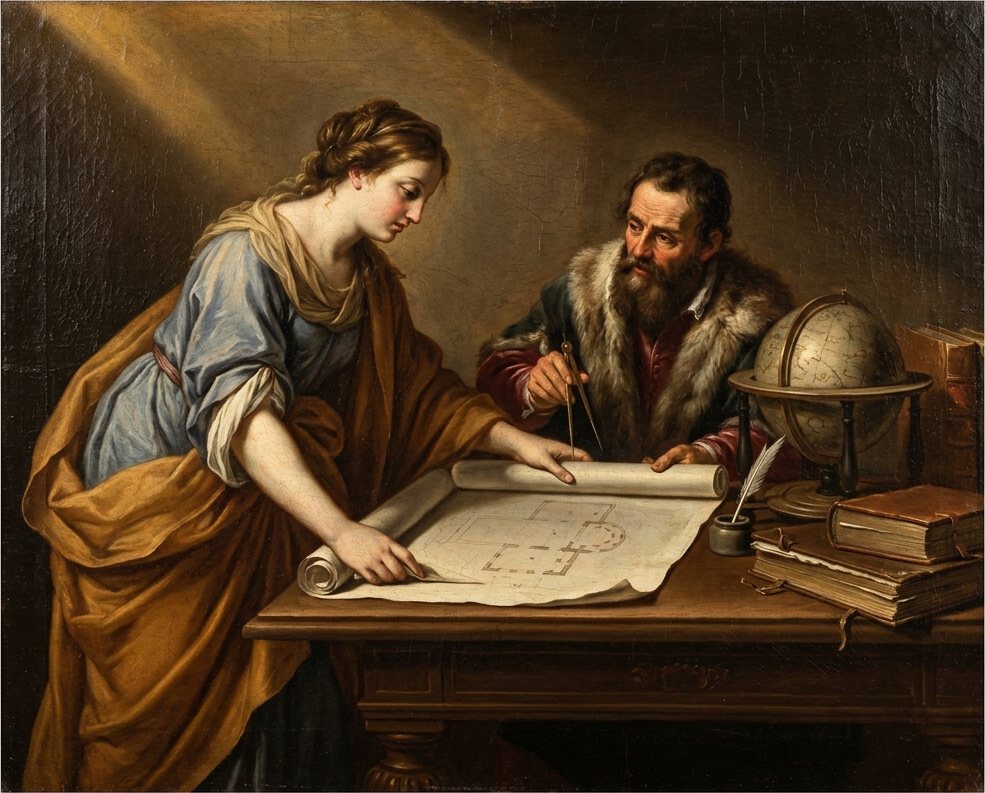 Allegory of Wisdom unrolling an architectural plan while a scholar sets dividers upon it.