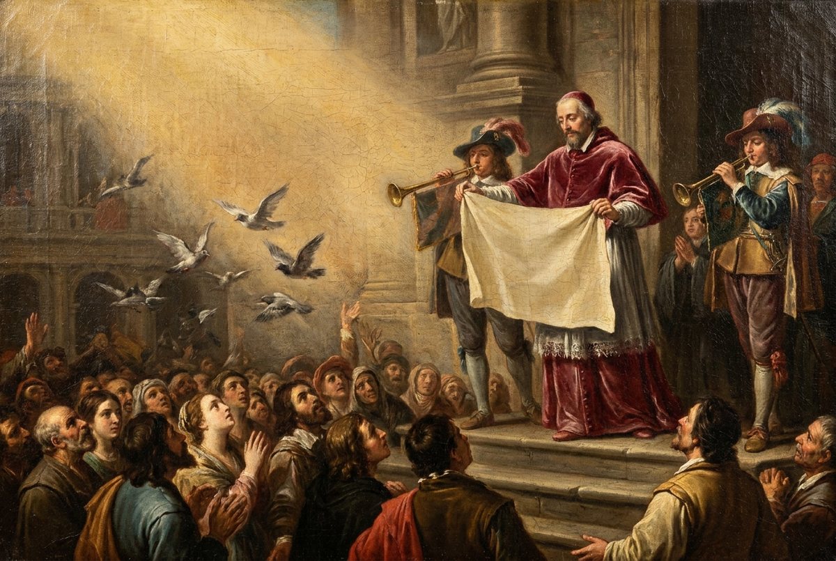 A herald in crimson unfurling an enormous banner above a crowd in a stone piazza.
