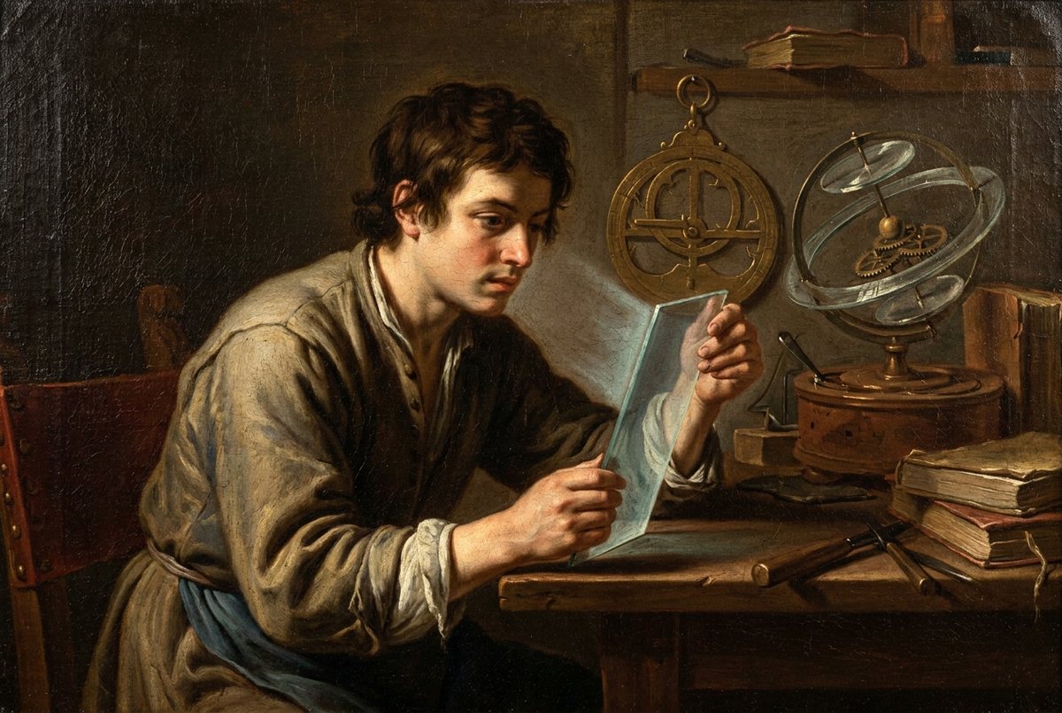 A craftsman holding up a pane of glass that glows with its own light in a dark atelier.