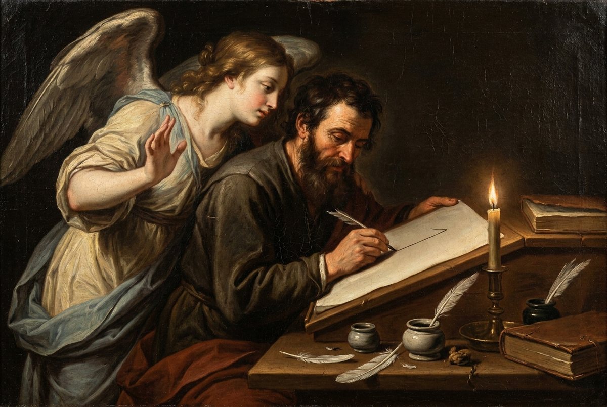 A scribe drawing a single line across vellum while a winged muse leans to his ear.