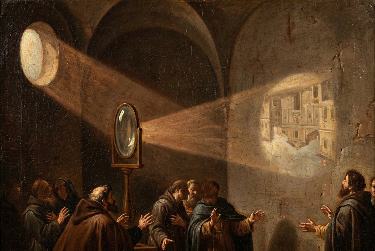 A beam of light through a lens casting a living image on a plaster wall before a gathered crowd.