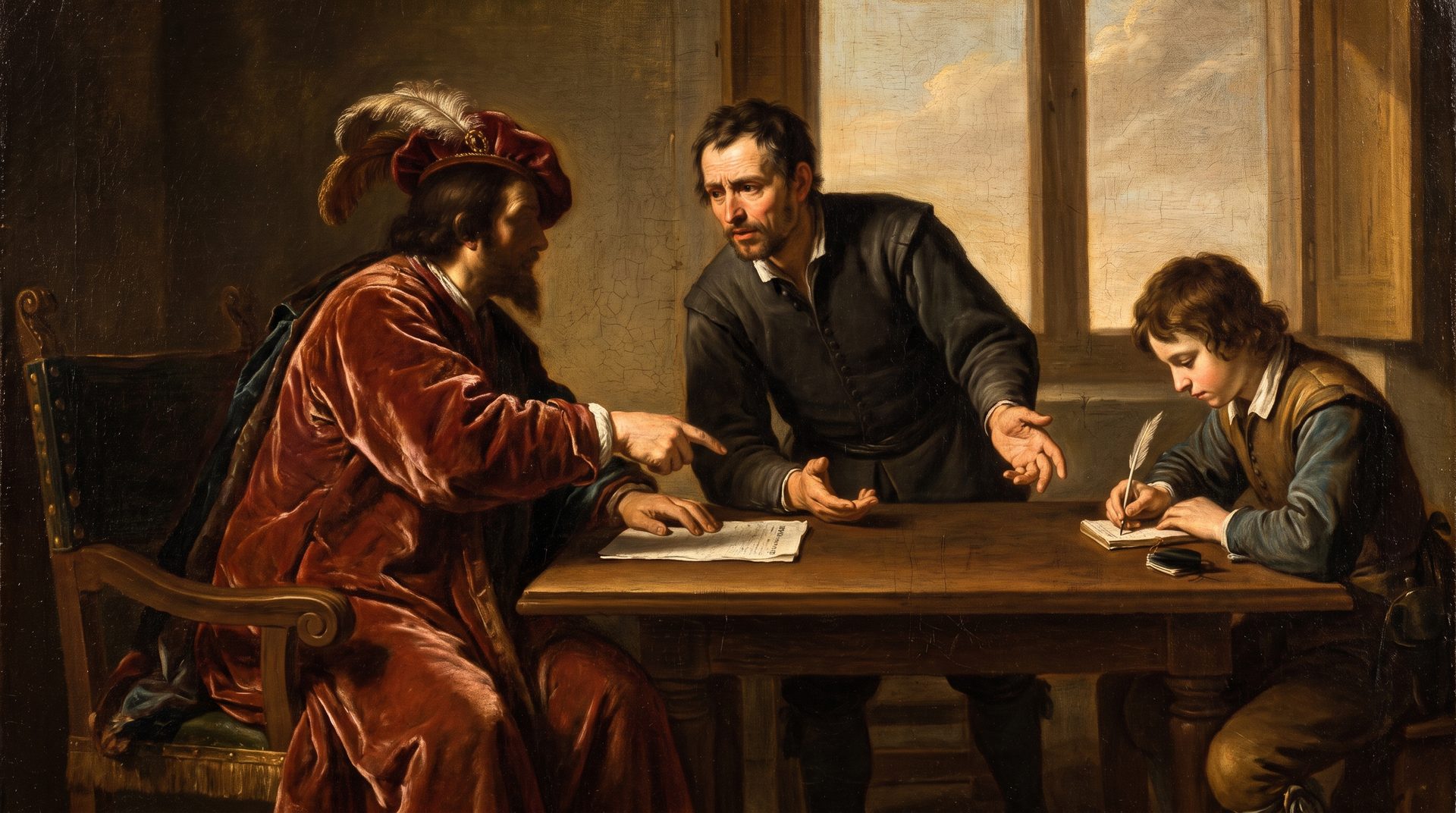 A patron and the master of a workshop arguing over a single sheet of paper across an oak table.
