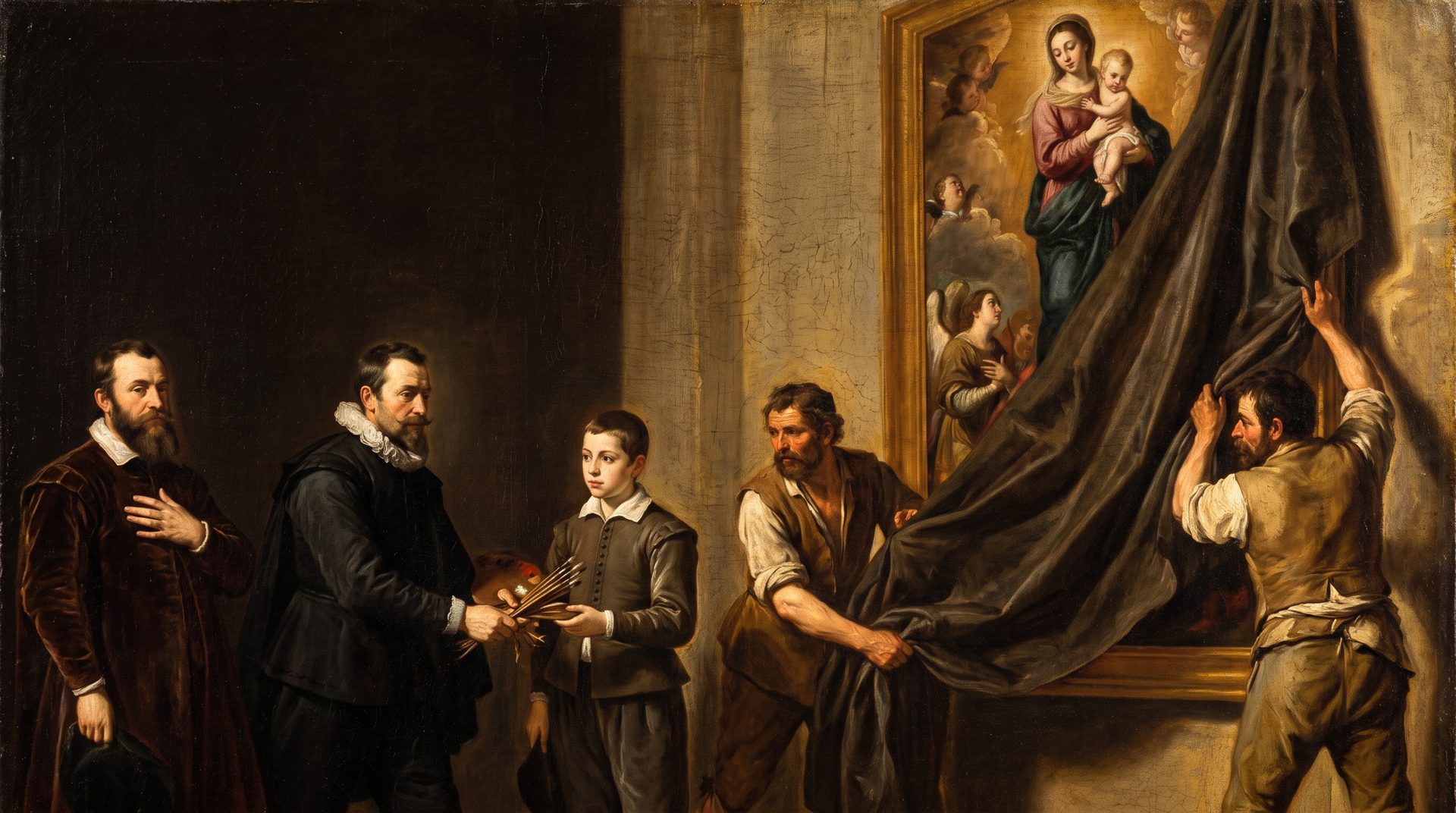 A finished altarpiece unveiled as the master hands over his tools to the patron steward.
