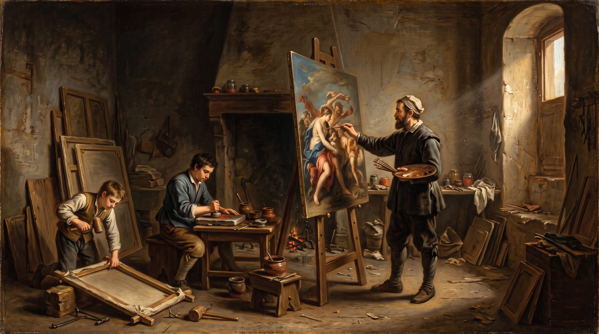 A workshop in full labour, pigment ground, canvas stretched, the master at his easel.