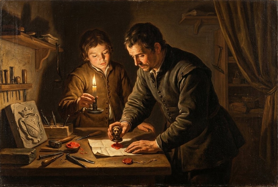 An engraver pressing a bronze seal into red wax by candlelight.