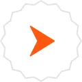 Orange right-pointing arrow inside a white scalloped circle.
