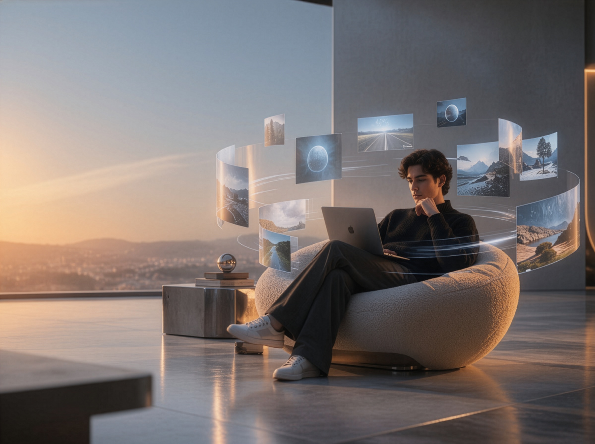 Man on a lounge chair with a laptop, surrounded by floating image screens