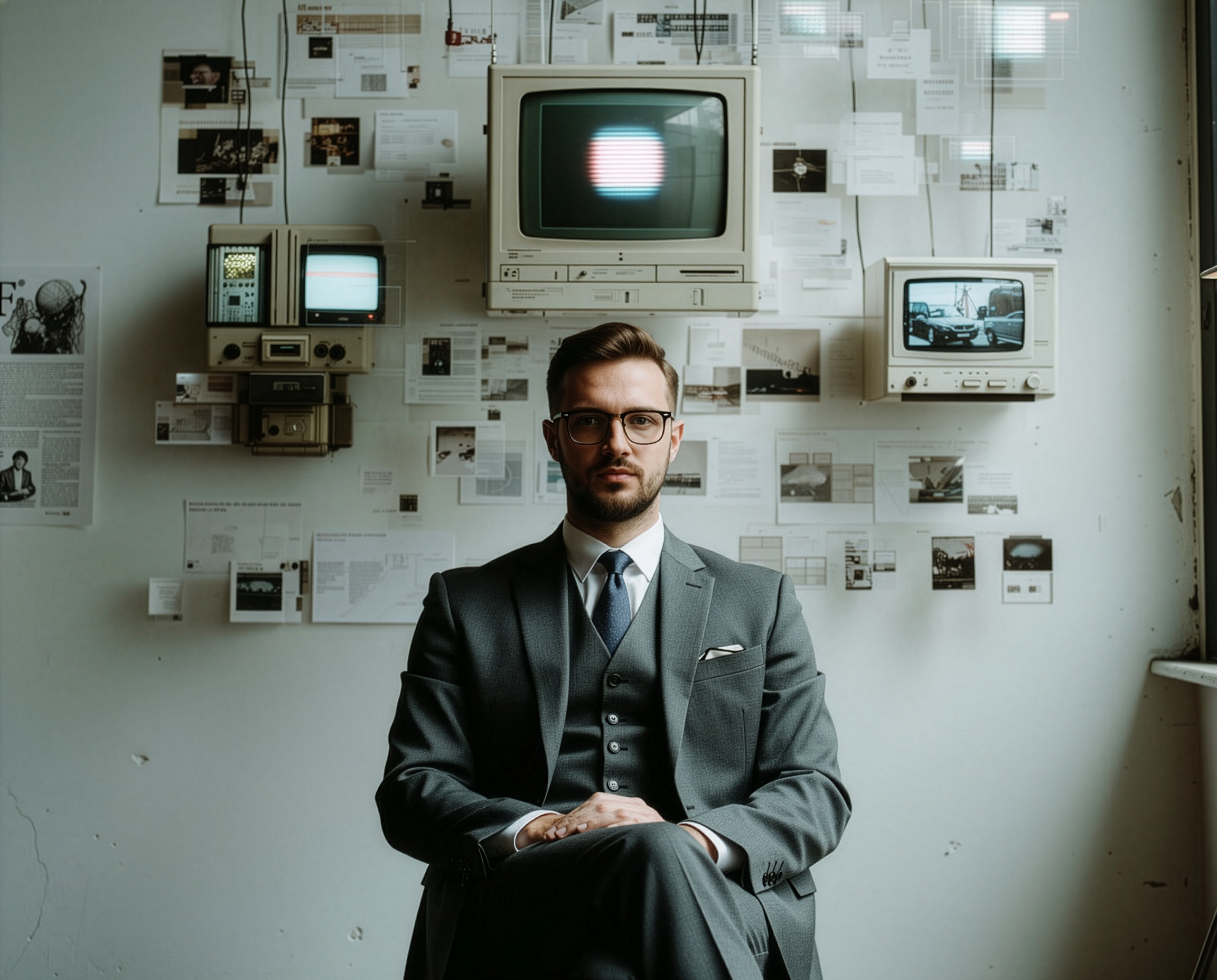 Man in a suit and glasses seated in front of a wall of vintage TVs