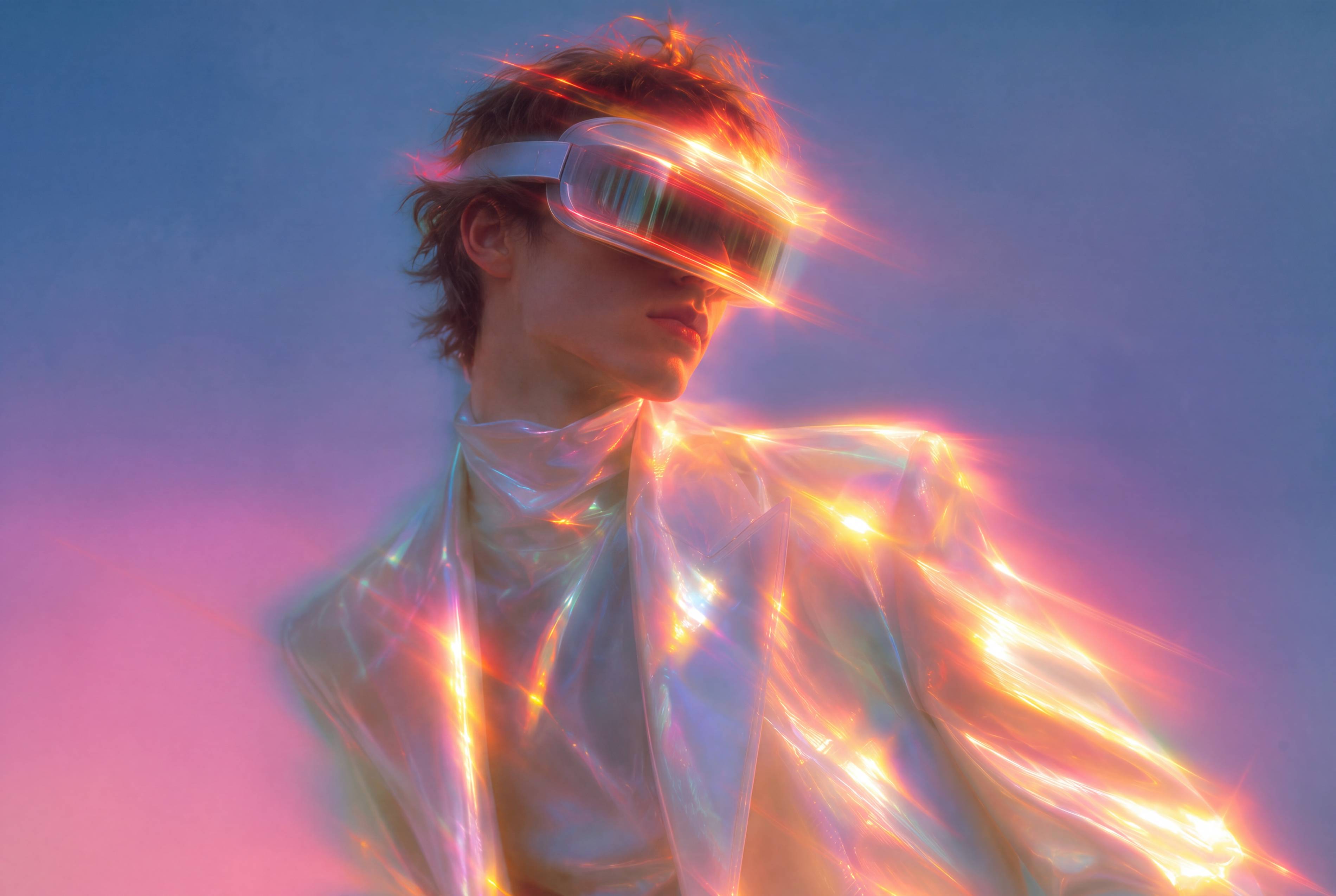 Young man in an iridescent jacket and visor, lit with glowing light