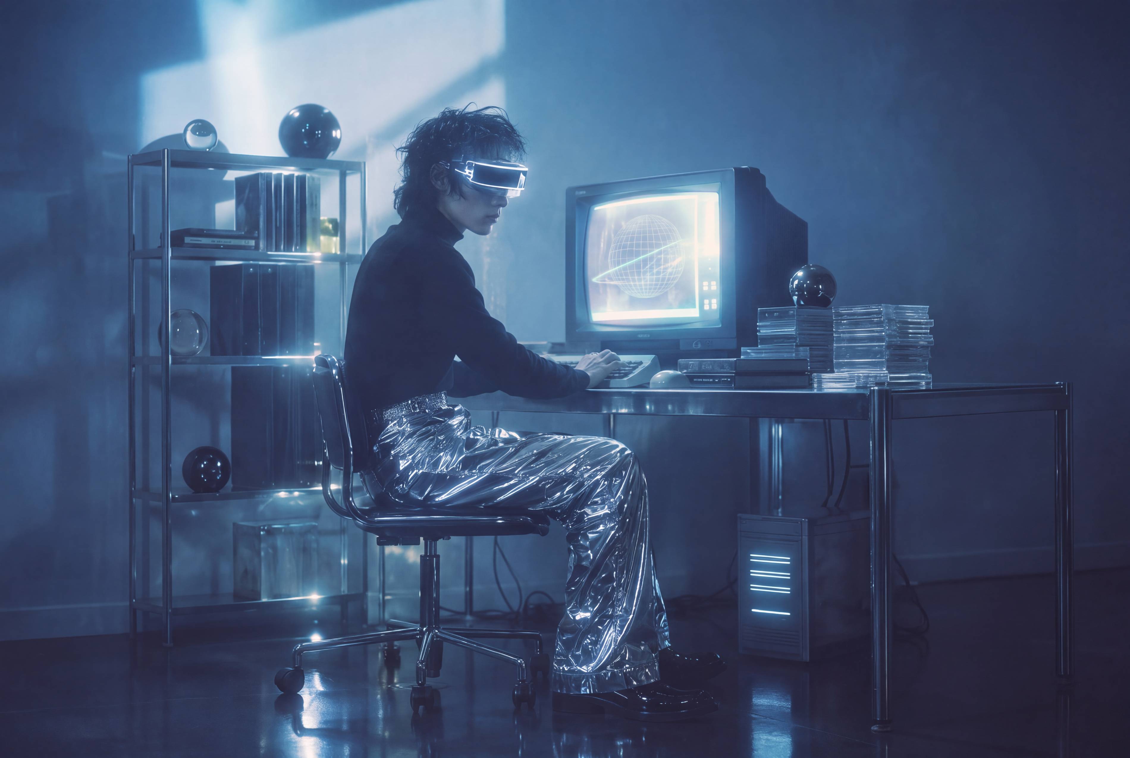 Person in a reflective silver suit and visor working at a vintage computer in a blue-lit room