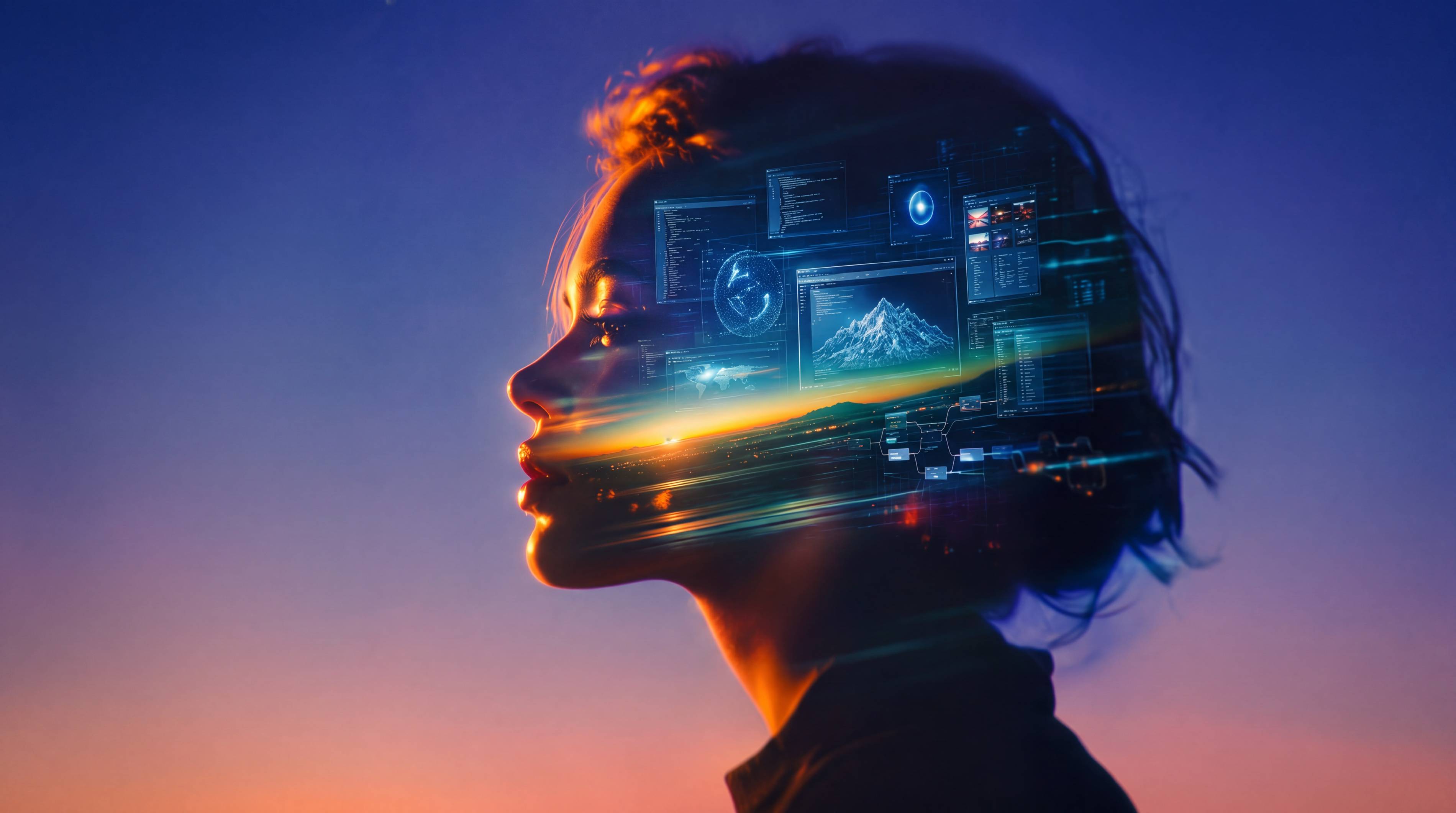 Side profile of a person with glowing digital screens overlaid at dusk