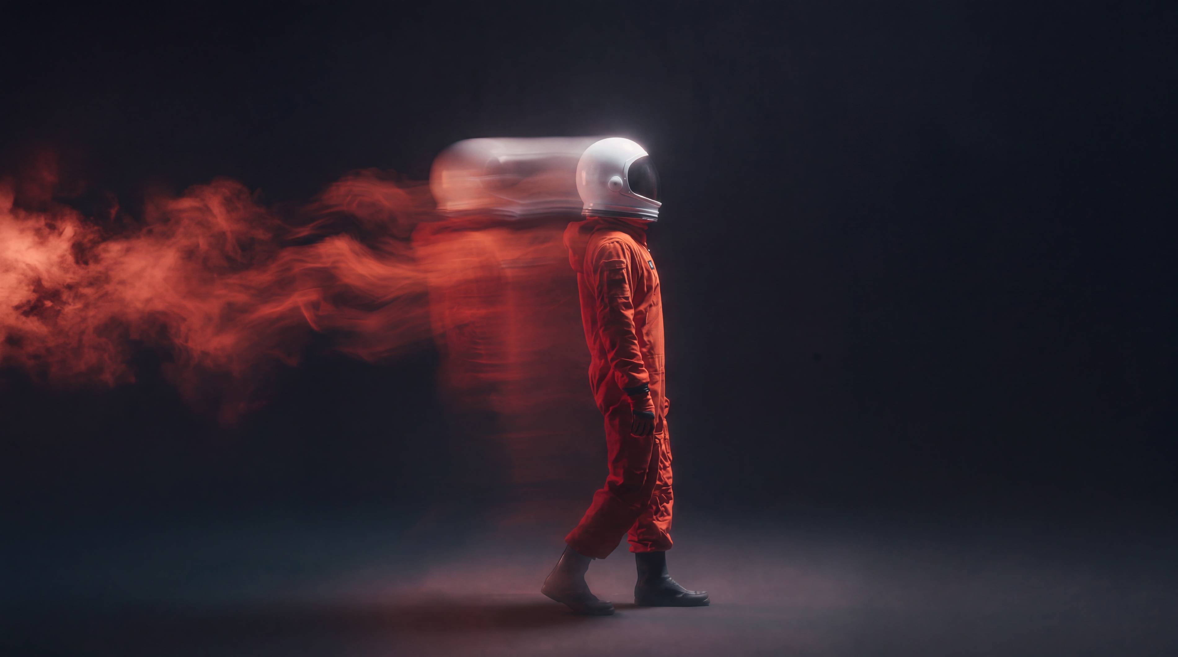 Astronaut in an orange suit walking through trailing red smoke