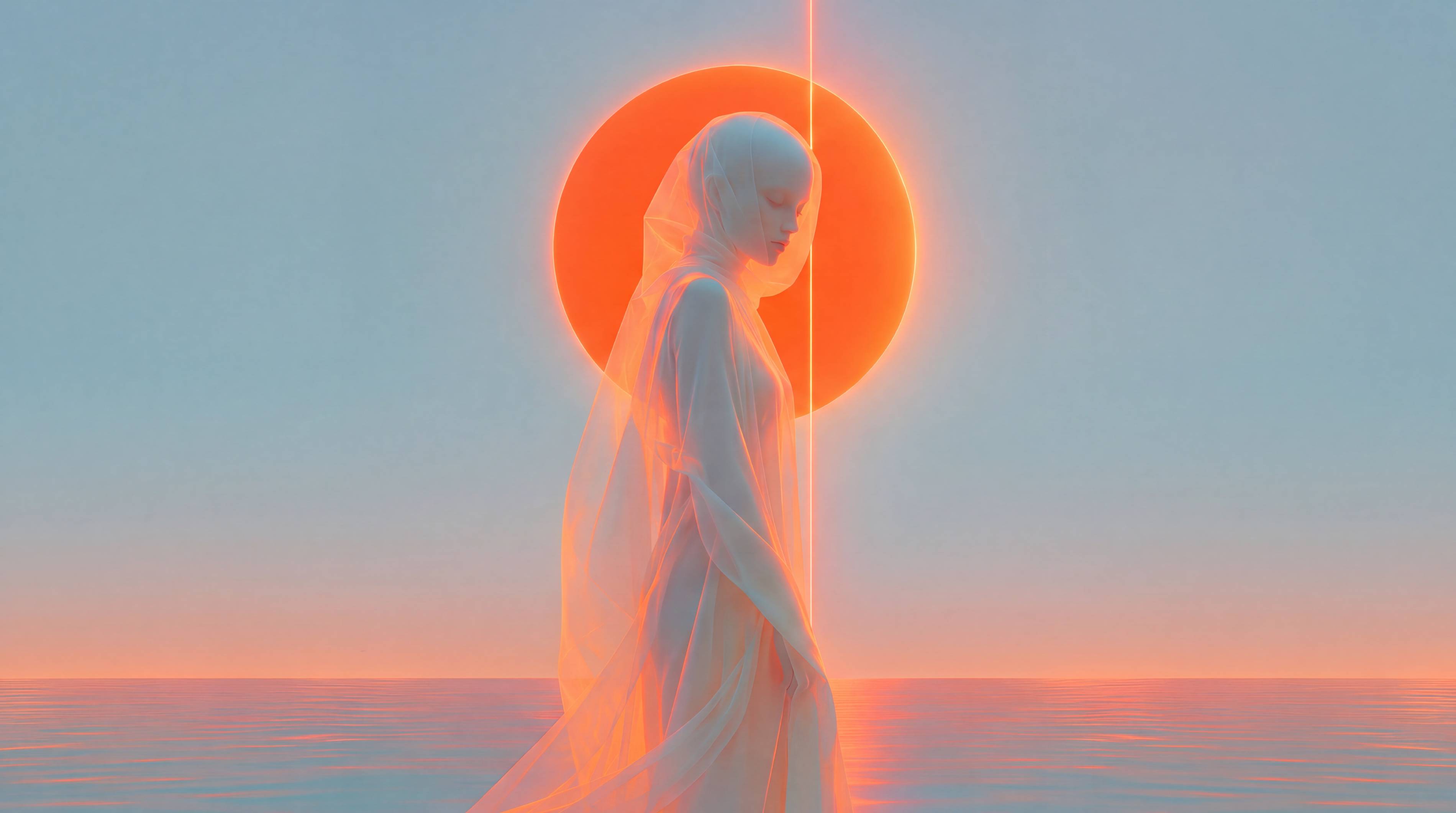 Veiled figure in profile in front of a glowing orange sun over a calm sea