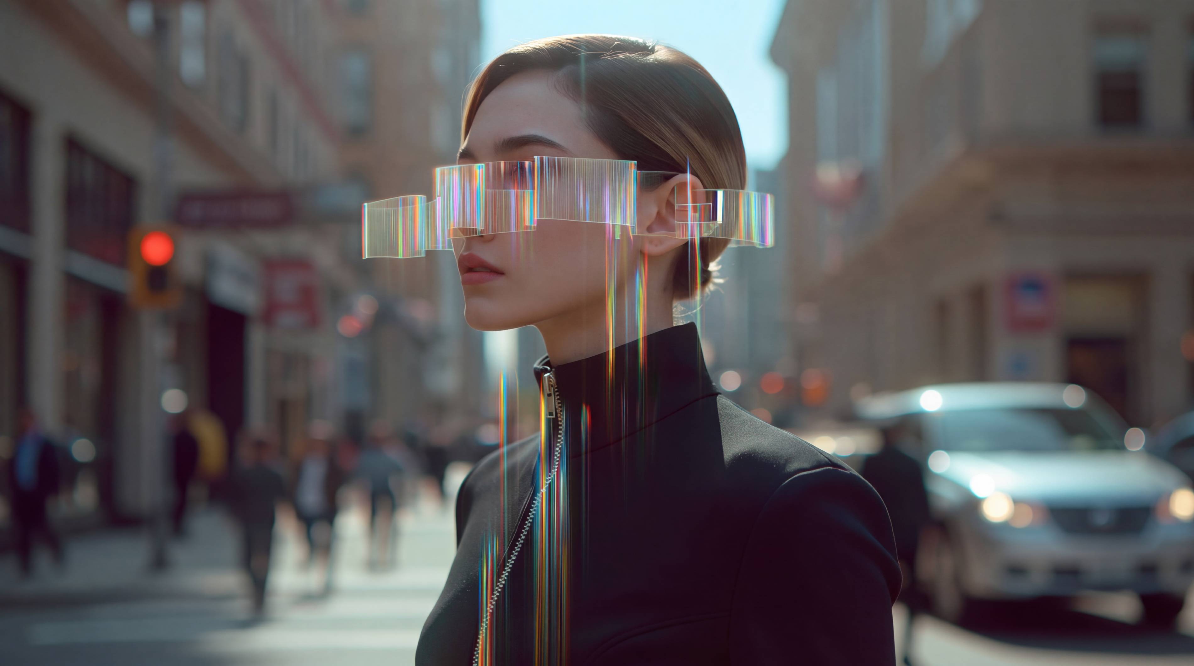 Woman in a black turtleneck wearing a translucent visor on a city street