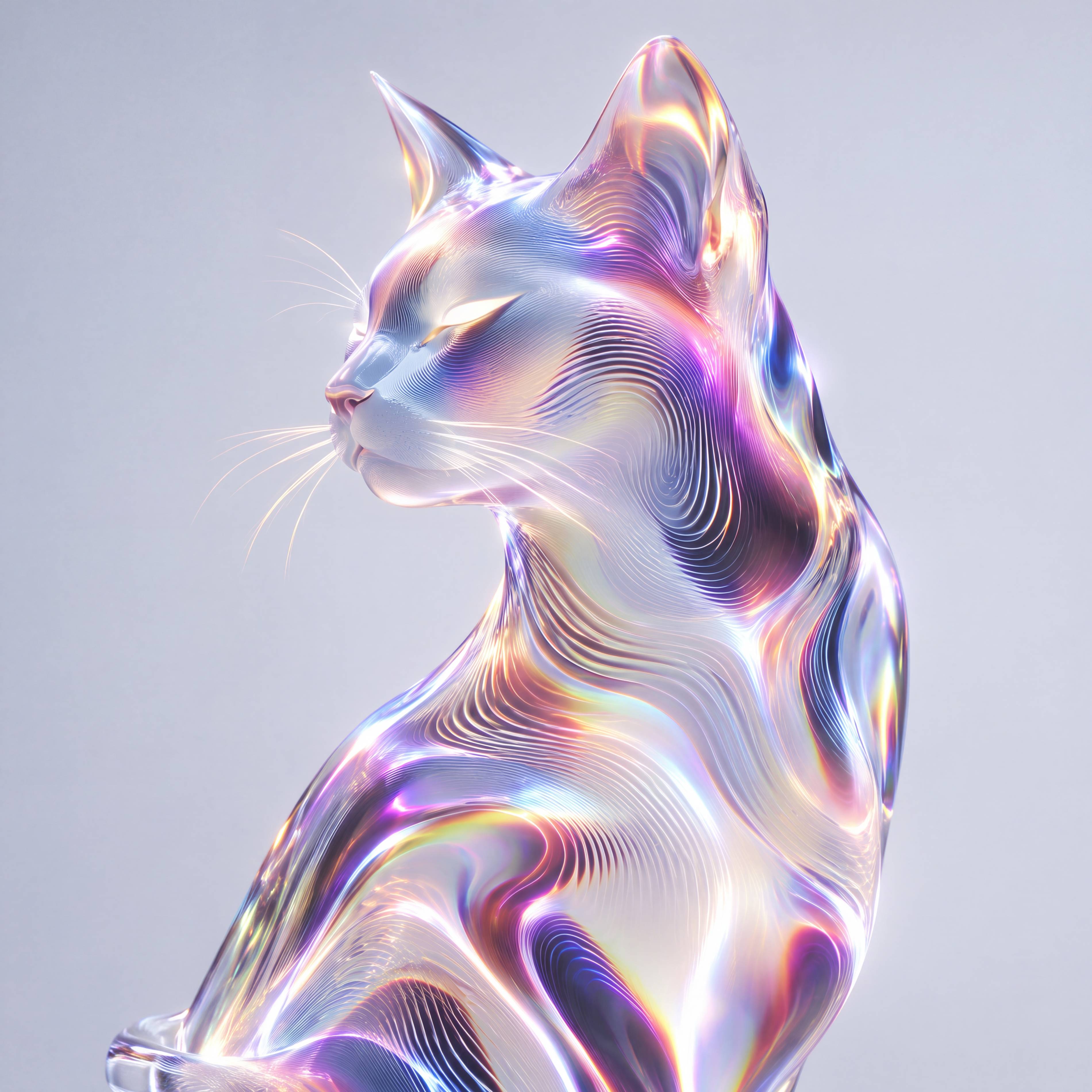 Holographic glass cat on a pale background