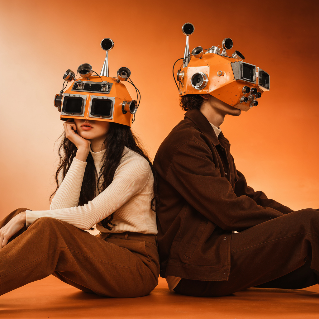 Two people sitting back to back wearing orange camera-style helmets