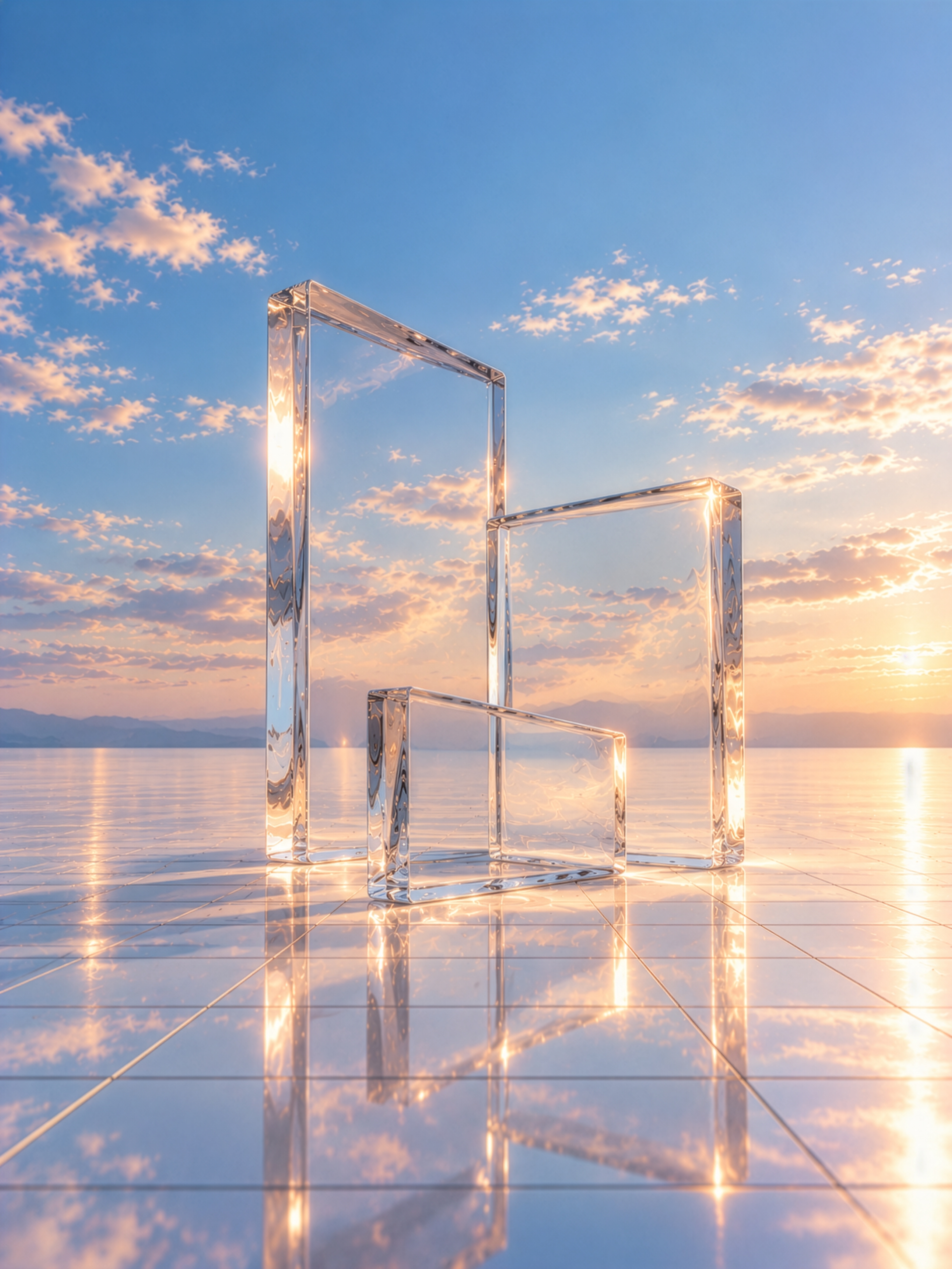 Two glass frames standing on a reflective surface under a pastel sky
