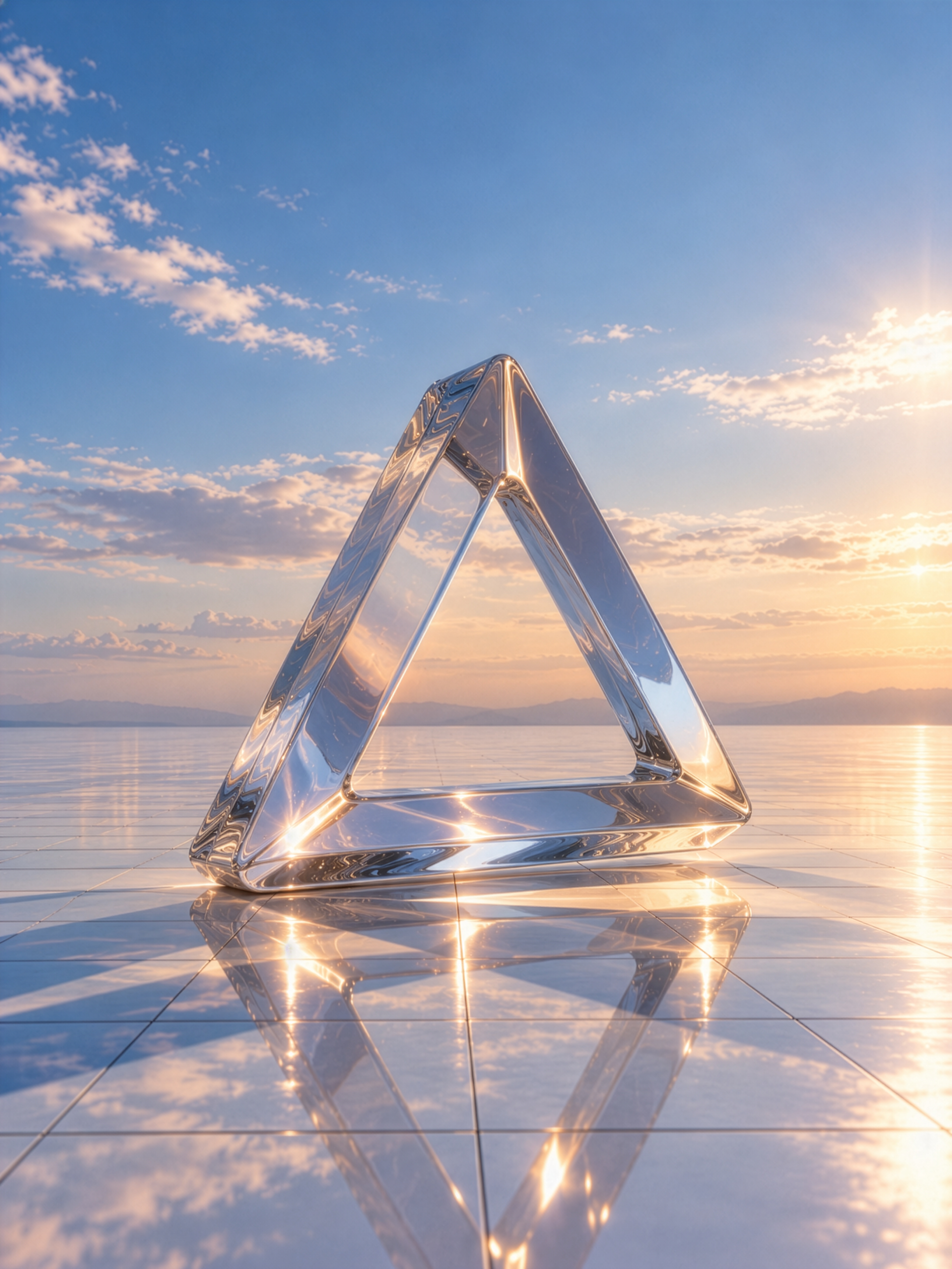 Glass triangle on a reflective tiled surface at sunset