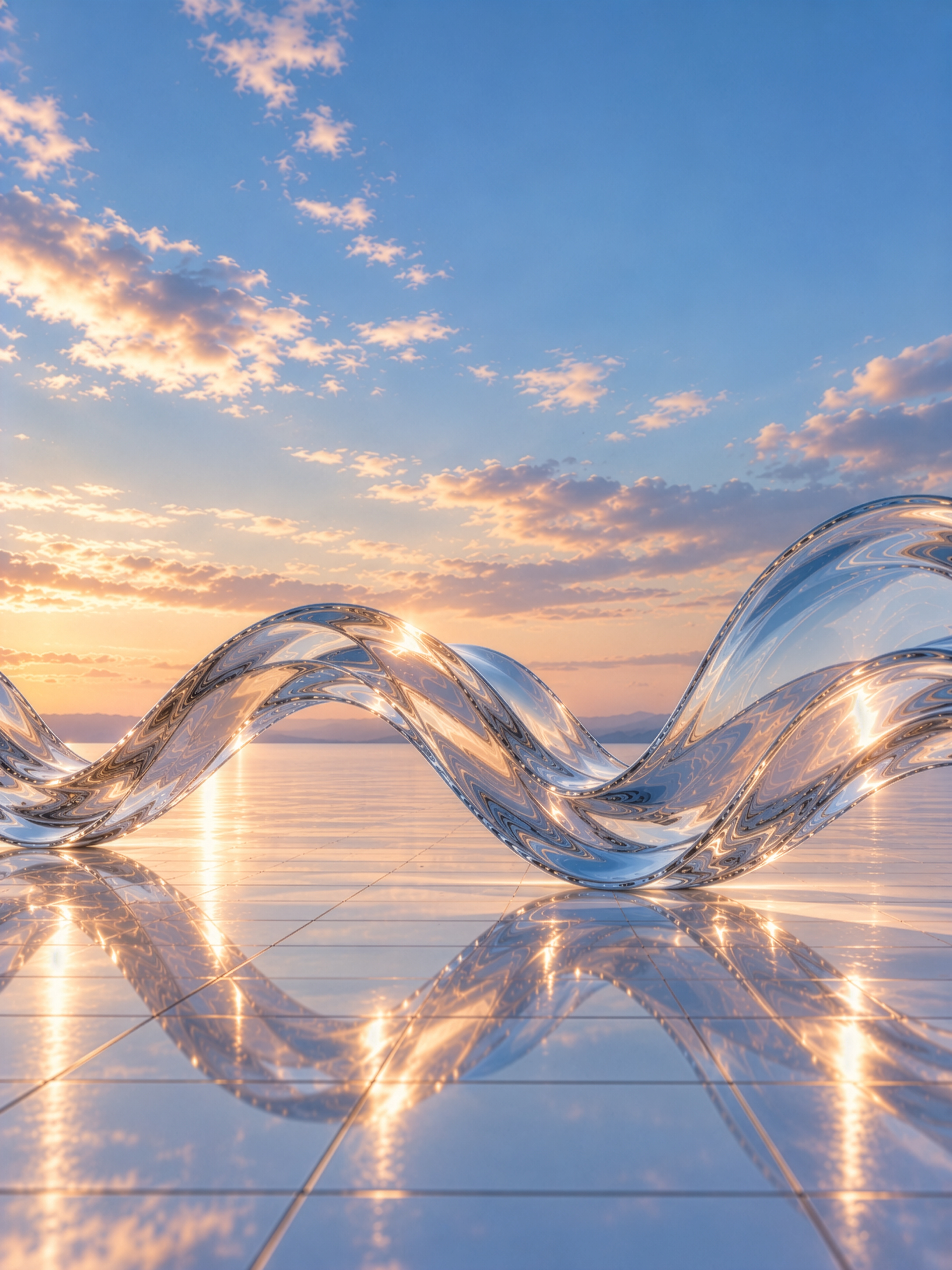 Wave-shaped glass sculpture reflected on a mirrored floor