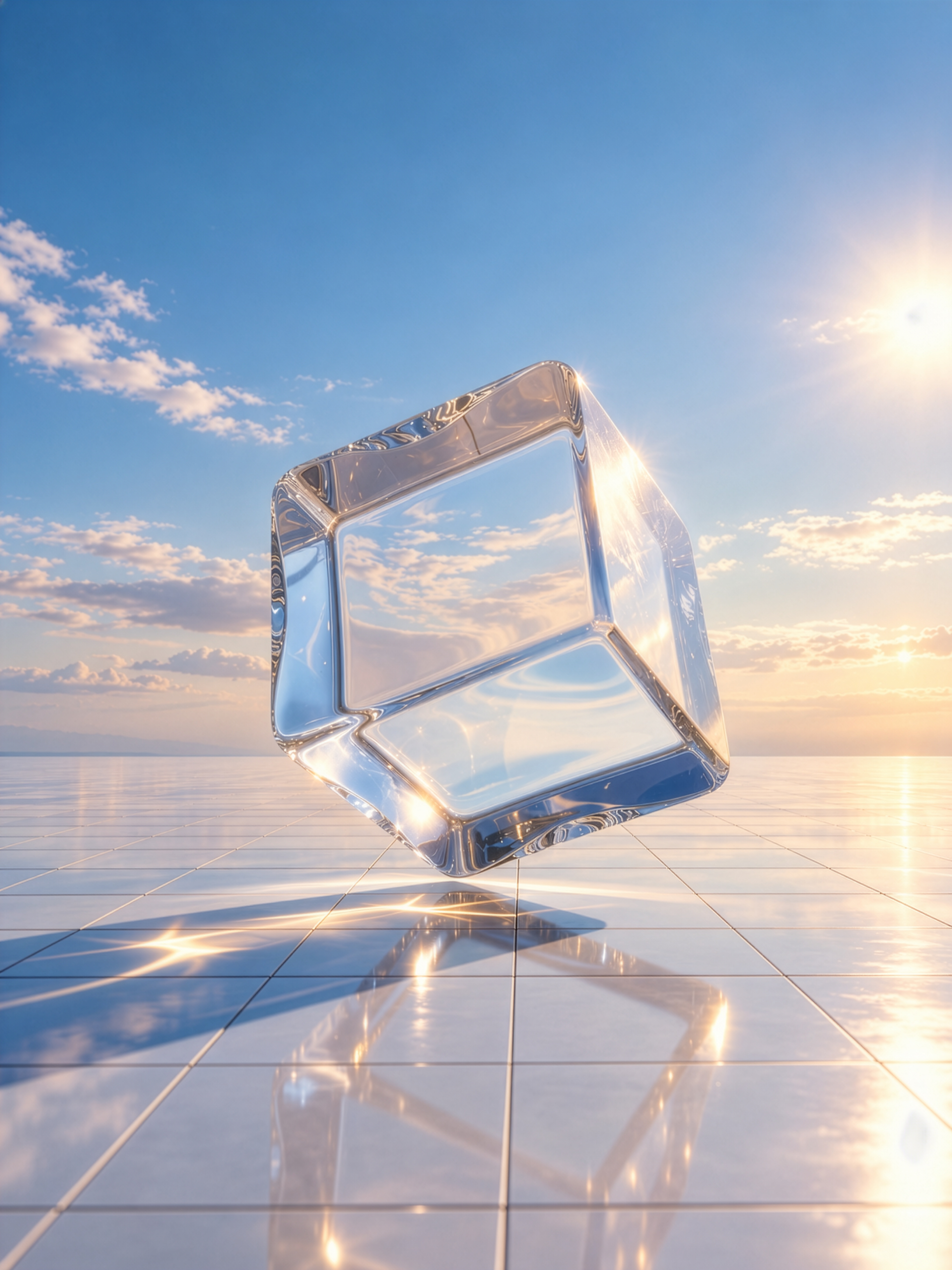 Tilted glass cube on a reflective tiled surface at sunset