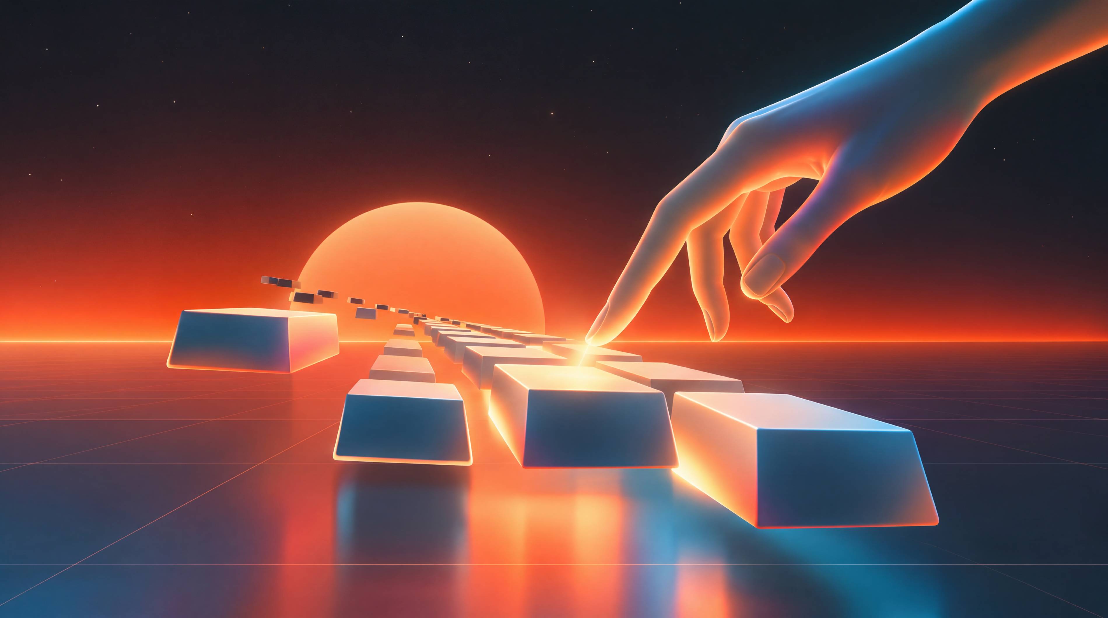 A hand touching glowing blocks that lead toward a sunset