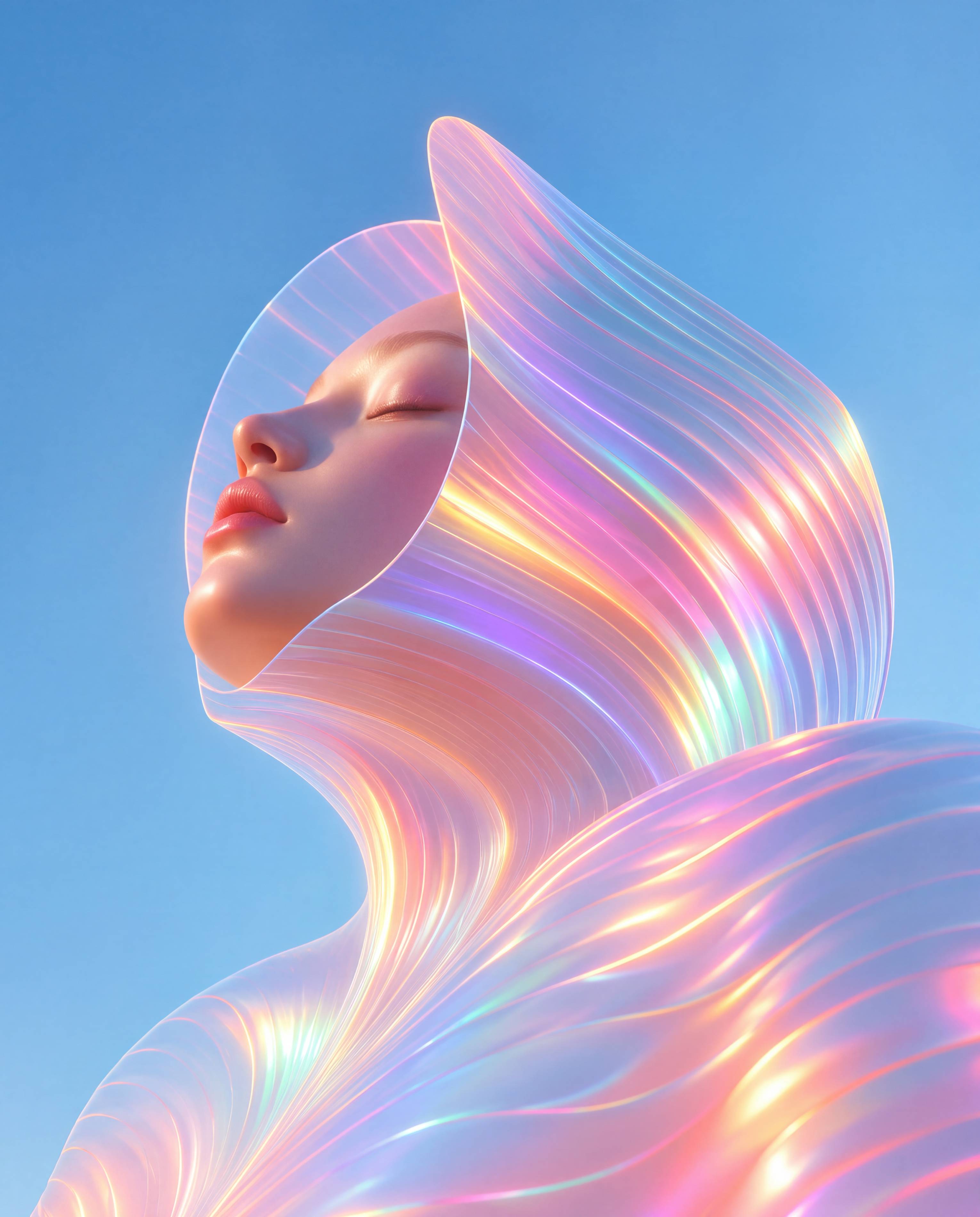 Woman with flowing iridescent holographic hair against a blue sky