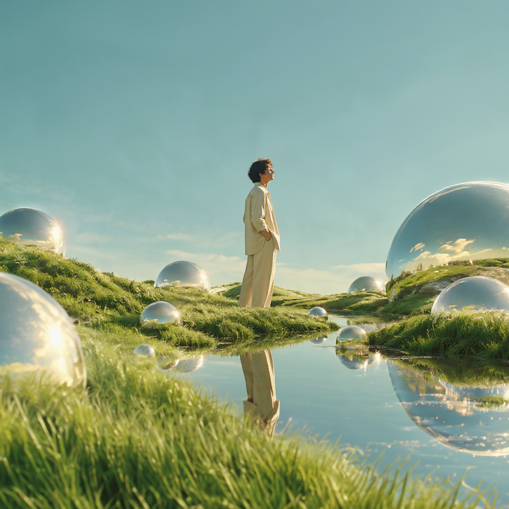 Person standing by a pond among giant glass spheres on a green hill