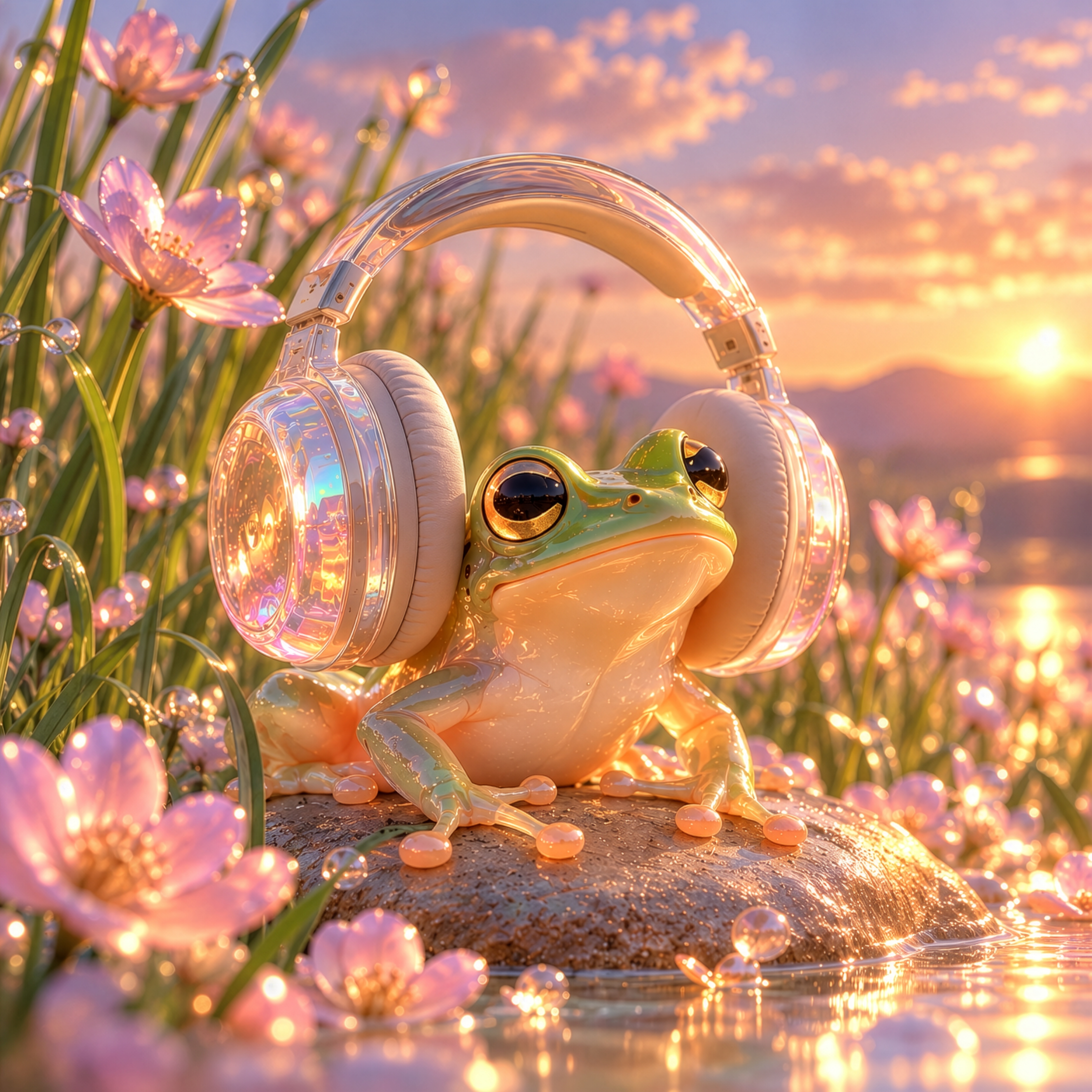 Glass frog wearing headphones among pink flowers at sunset