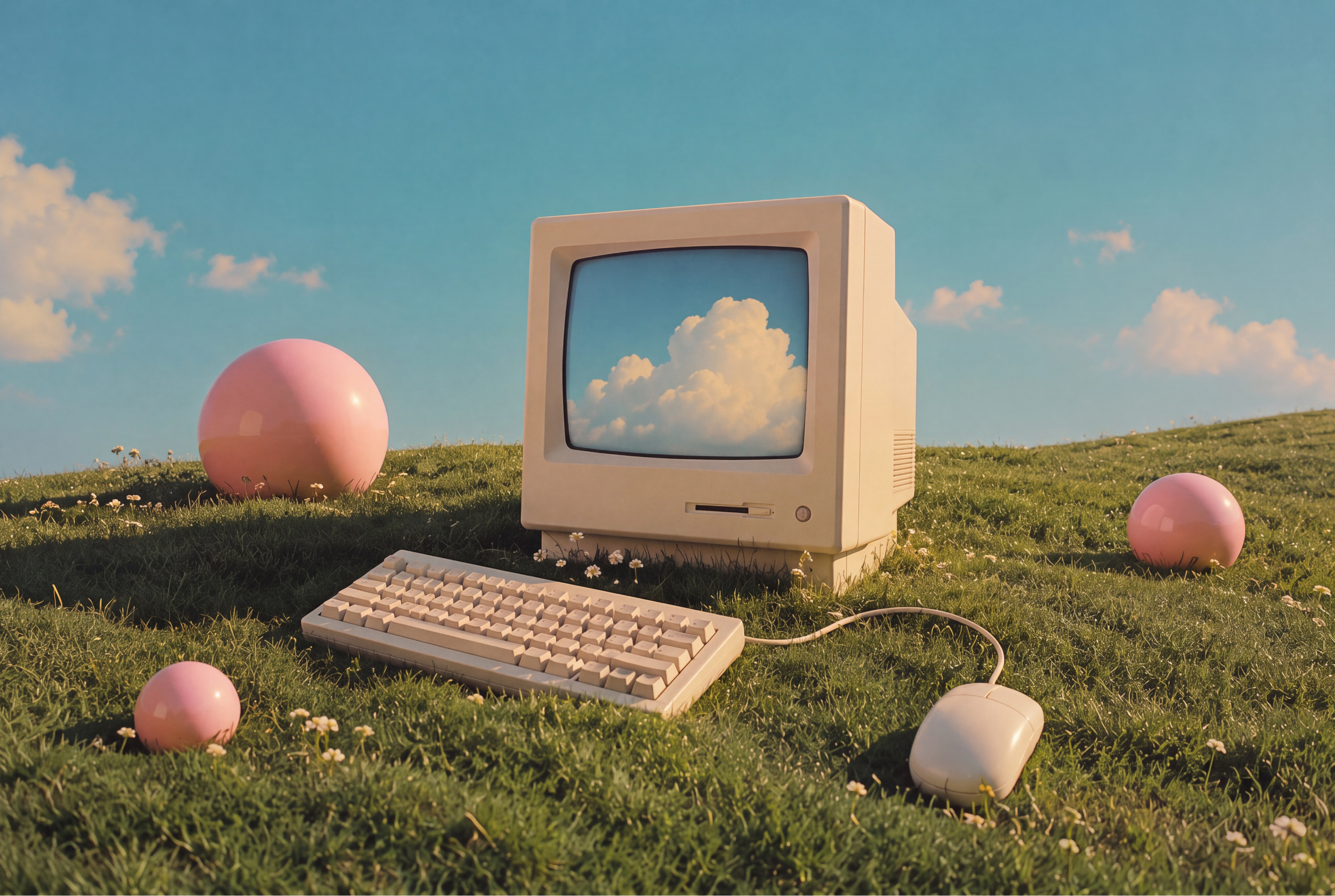 Retro computer on a grassy hill beside pink spheres