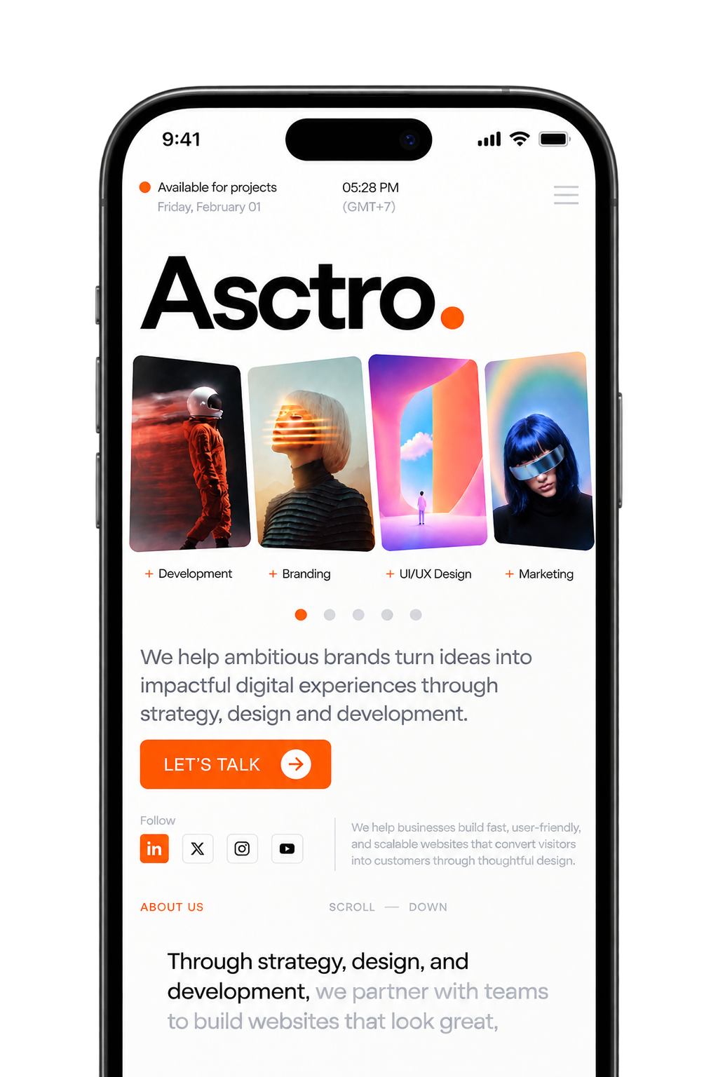 Phone showing the Asctro website homepage with a service card carousel