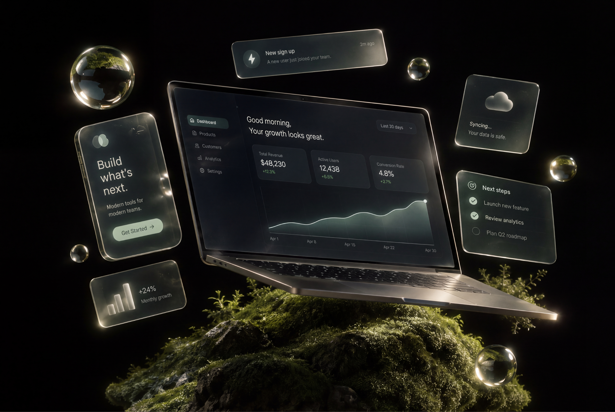 Laptop showing a SaaS analytics dashboard surrounded by floating glass interface panels