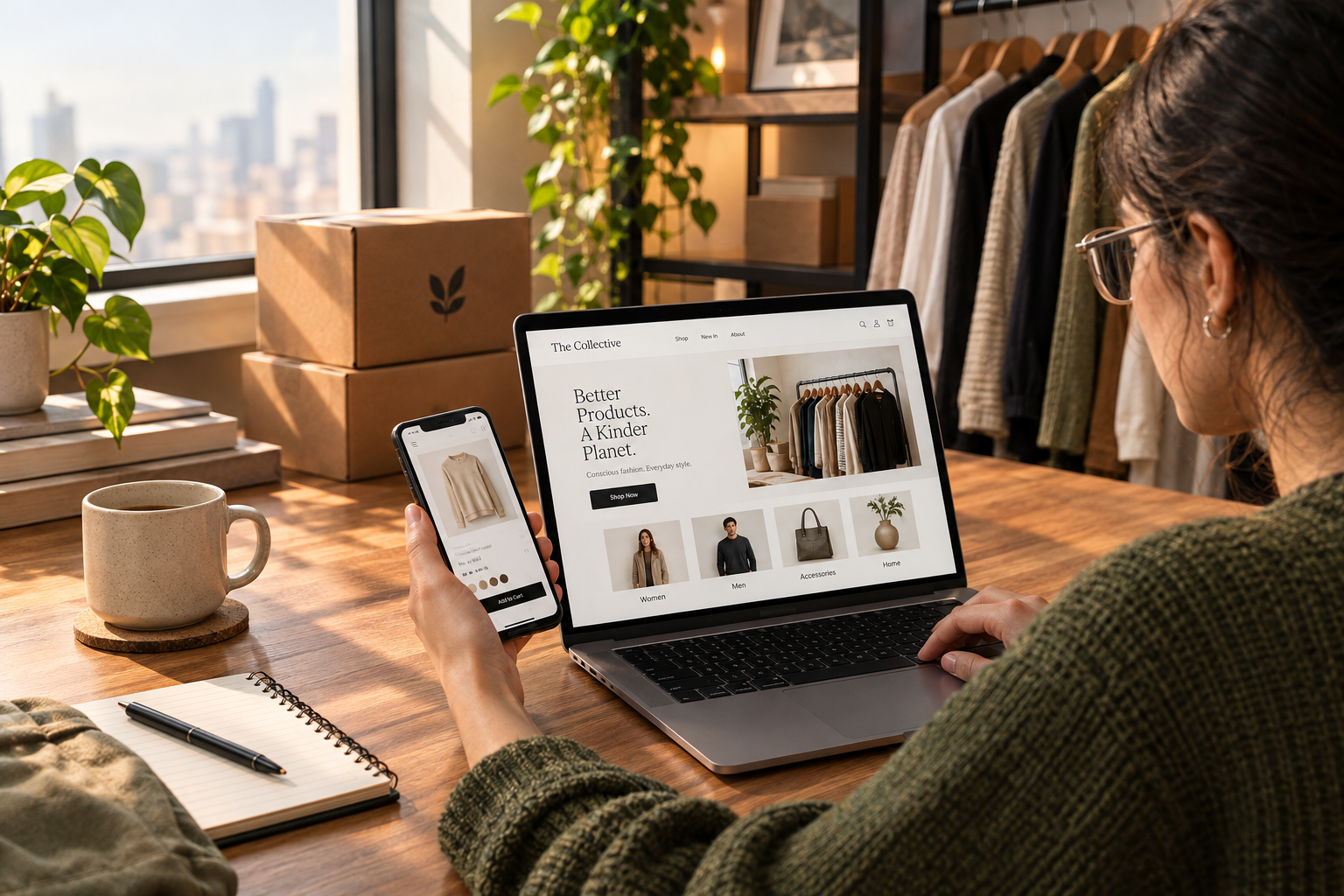 Person browsing an online clothing store on a laptop and phone