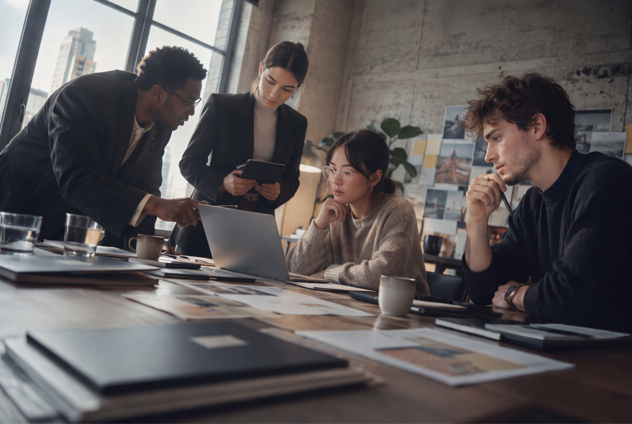 Colleagues reviewing documents and samples together around a meeting table