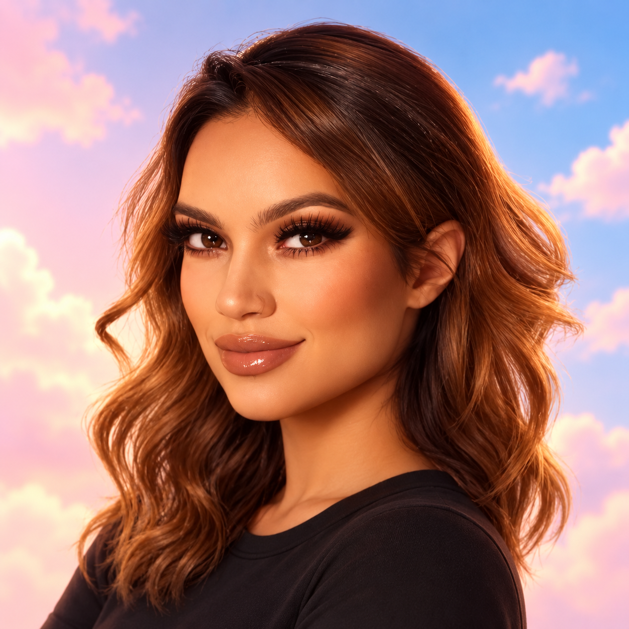 Smiling woman with wavy brown hair against a pink and blue cloudy sky
