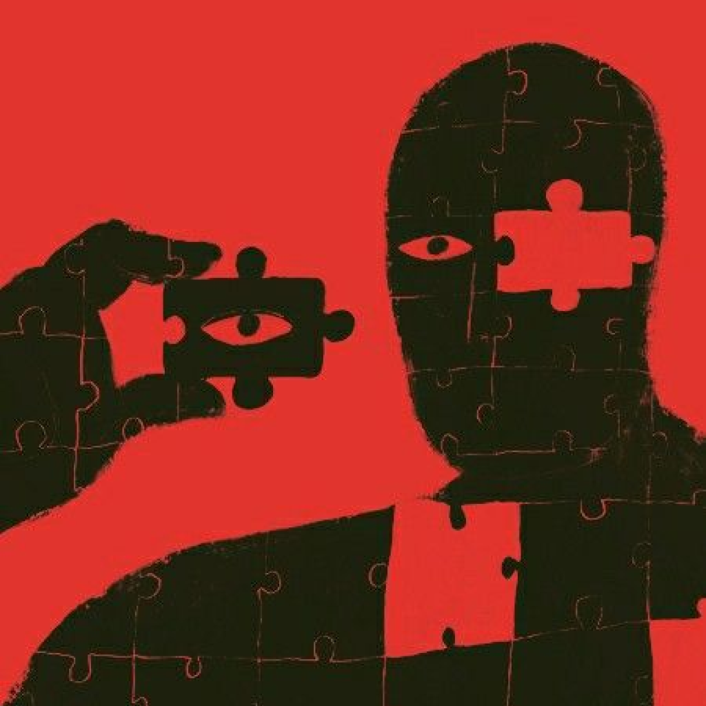 Silhouette of a person made of puzzle pieces against a red background, holding a puzzle piece with an eye in front of their face, with a matching empty piece where one eye should be.