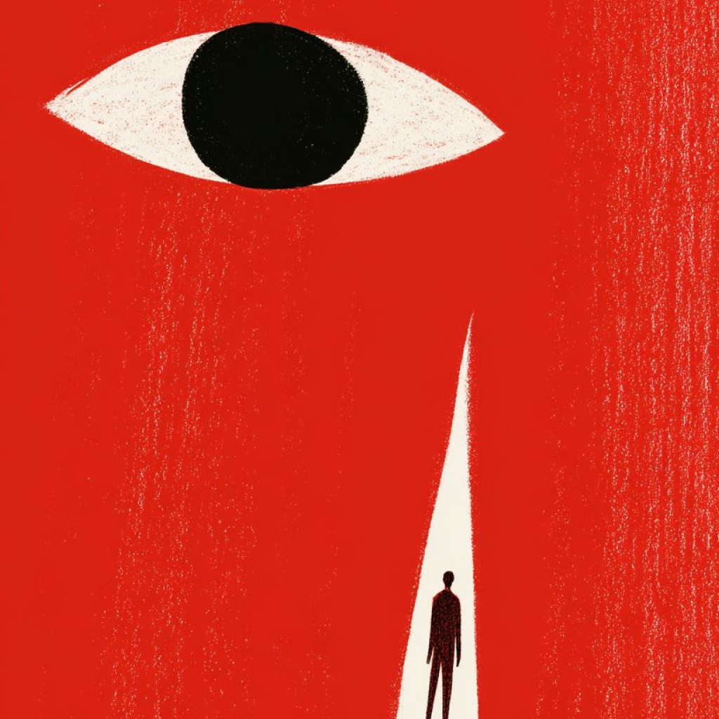 Minimalist illustration with a large red face showing one white eye with a black pupil, and a single white tear streaming down shaped like a narrow path where a small black silhouette of a person stands.