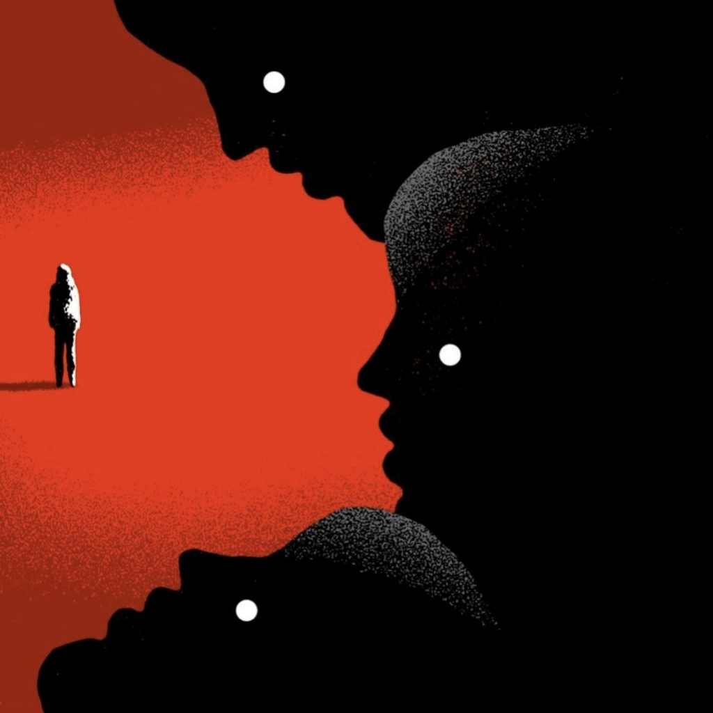 Silhouettes of three large black faces with white eyes facing inward on the right side, with a small solitary figure standing on a reddish background on the left, casting a shadow.