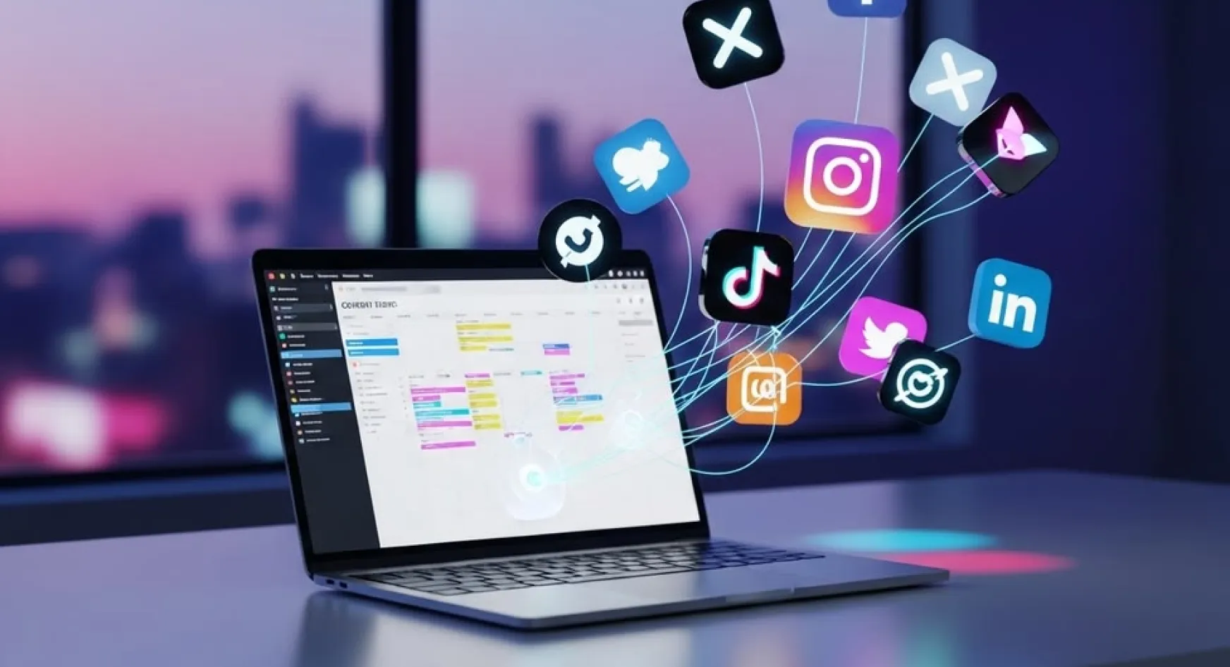 Laptop showing a social media content calendar with platform icons connected to it