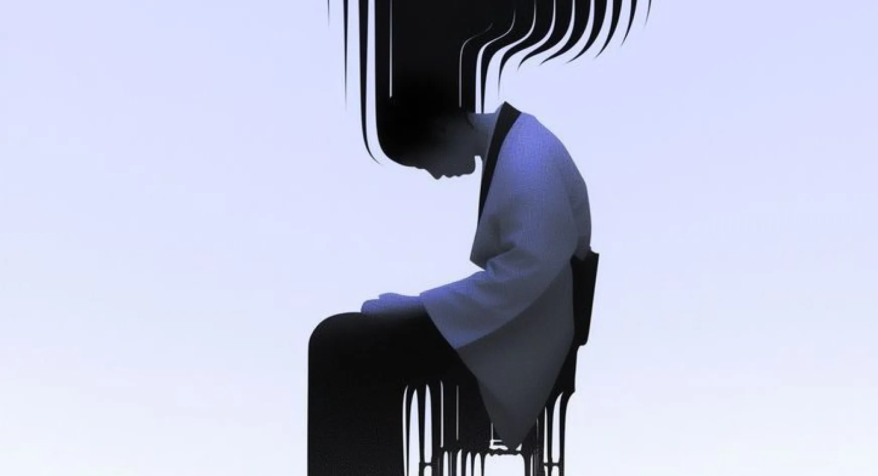 Illustration of a person sitting with their head bowed, rendered in blue and black
