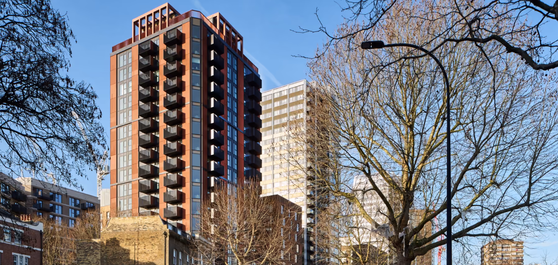 Elephant Park residential tower in red brick with dark recessed balconies, seen past a bare tree.