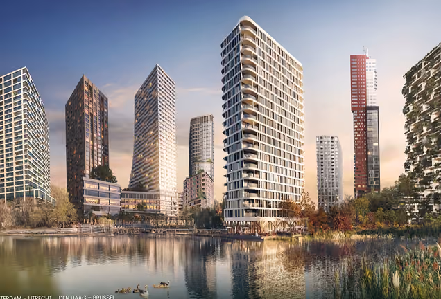Modern cityscape with tall, sleek skyscrapers by a calm water body reflecting the buildings and sky during sunset, with a few ducks swimming near the shore surrounded by greenery.