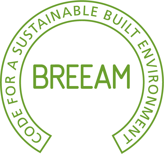 Green circular emblem with the text 'BREEAM' in white uppercase letters at the center.