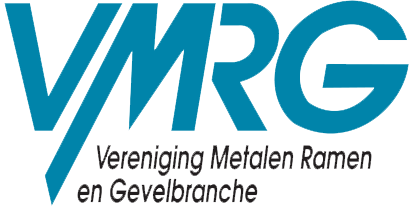 Logo with the letters VMRG in blue and the text 'Vereniging Metalen Ramen en Gevelbranche' underneath in black.