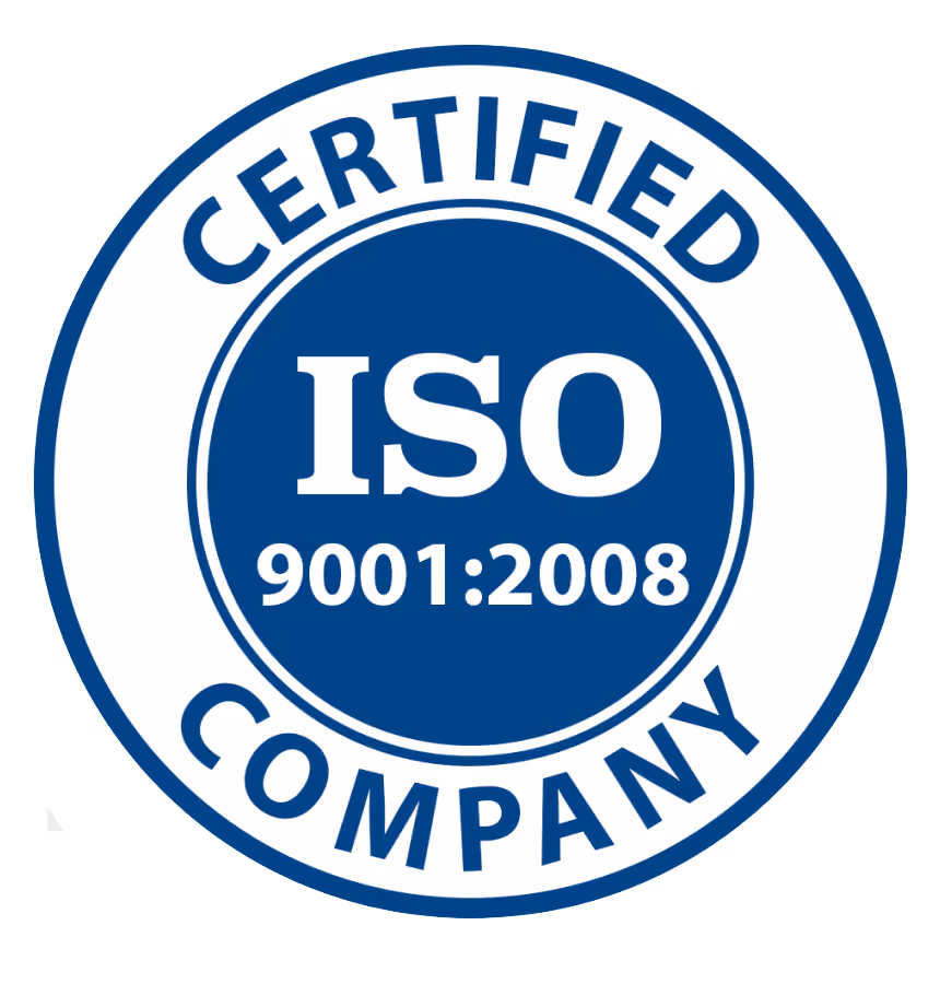 Circular badge with dark blue center and text stating ISO 9001:2008, surrounded by outer ring with the words Certified Company.